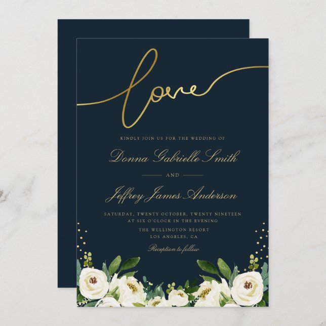 gold script ivory white garden floral navy wedding invitation (Front/Back)