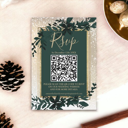 gold script leaf snow elegant winter QR RSVP