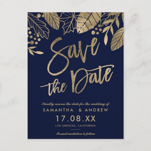 Gold script leaves fall navy blue  save the date announcement postcard