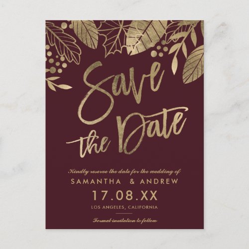 Gold script leaves fall red burgundy save the date announcement postcard