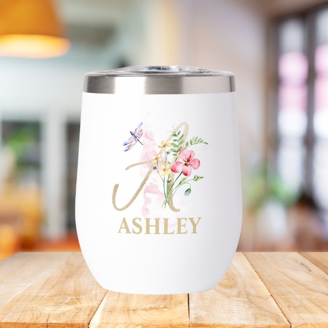 Gold Script Letter A Monogram Personalized Name Thermal Wine Tumbler (Creator Uploaded)
