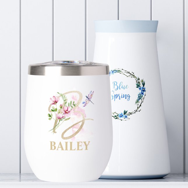 Gold Script Letter B Monogram Personalized Name Thermal Wine Tumbler (Creator Uploaded)