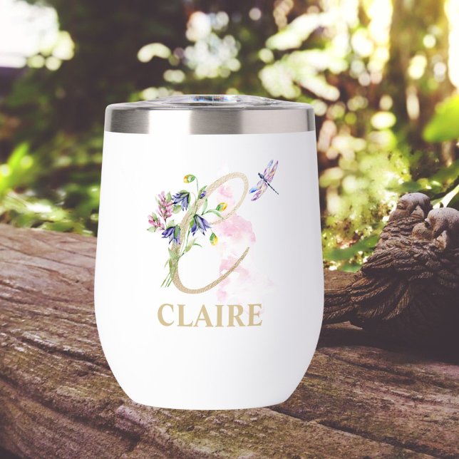 Gold Script Letter C Monogram Personalized Name Thermal Wine Tumbler (Creator Uploaded)