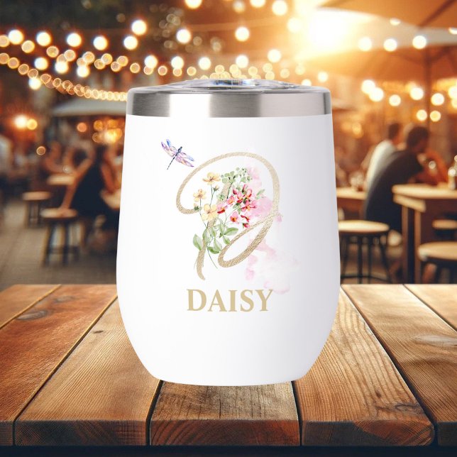 Gold Script Letter D Monogram Personalized Name Thermal Wine Tumbler (Creator Uploaded)