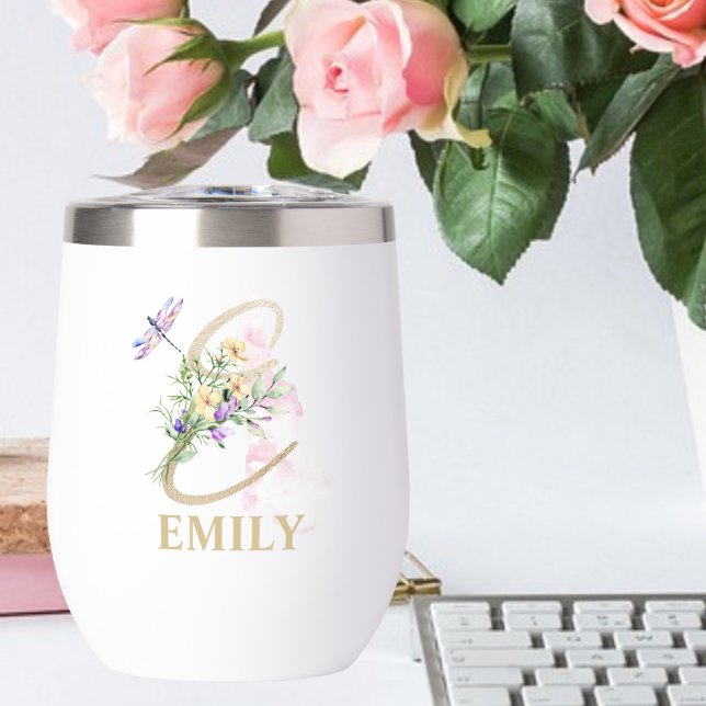 Gold Script Letter E Monogram Personalized Name Thermal Wine Tumbler (Creator Uploaded)