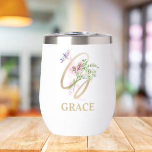 Gold Script Letter G Monogram Personalized Name Thermal Wine Tumbler