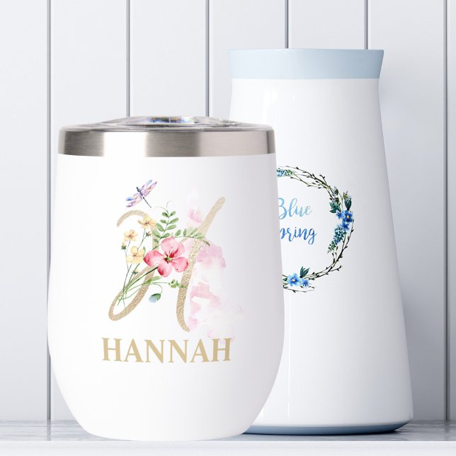 Gold Script Letter H Monogram Personalized Name Thermal Wine Tumbler (Creator Uploaded)