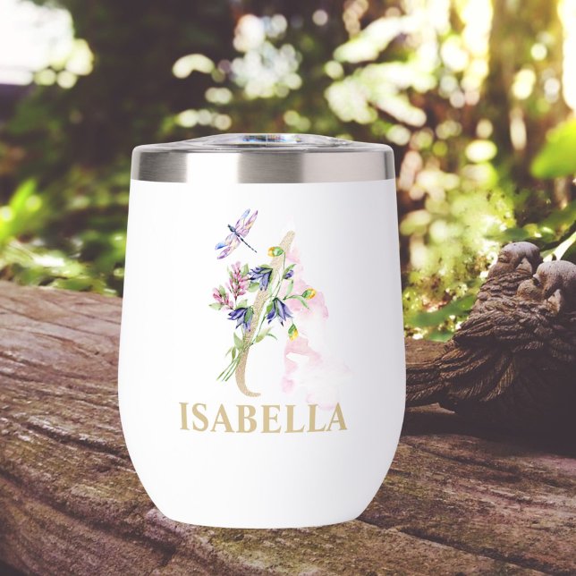 Gold Script Letter I Monogram Personalized Name Thermal Wine Tumbler (Creator Uploaded)