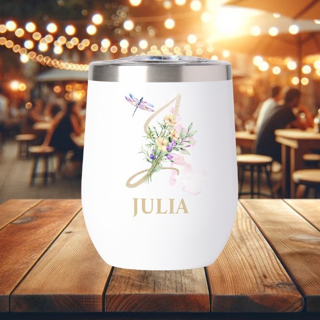 Gold Script Letter J Monogram Personalized Name Thermal Wine Tumbler (Creator Uploaded)