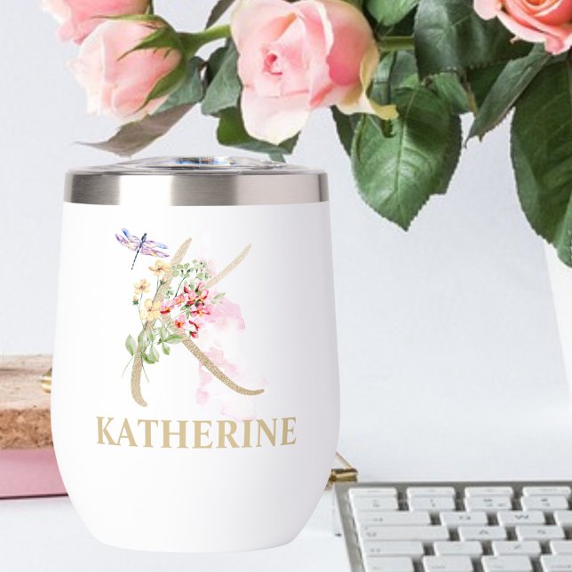 Gold Script Letter K Monogram Personalized Name Thermal Wine Tumbler (Creator Uploaded)
