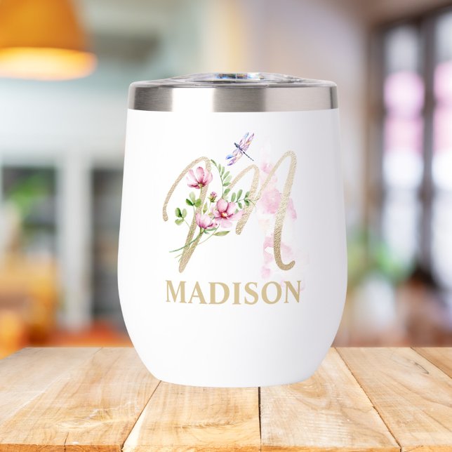 Gold Script Letter M Monogram Personalized Name Thermal Wine Tumbler (Creator Uploaded)