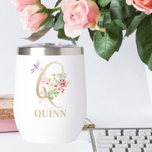 Gold Script Letter Q Monogram Personalized Name Thermal Wine Tumbler