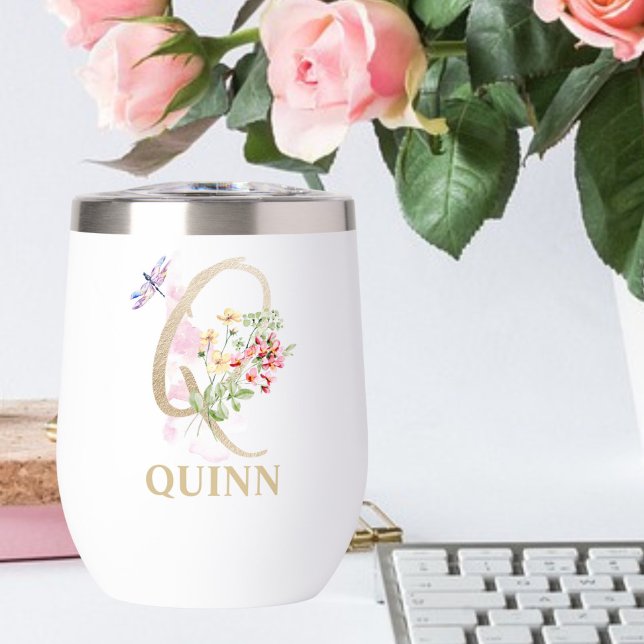 Gold Script Letter Q Monogram Personalized Name Thermal Wine Tumbler (Creator Uploaded)