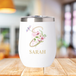 Gold Script Letter S Monogram Personalized Name Thermal Wine Tumbler