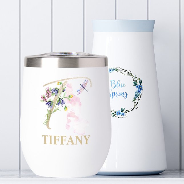 Gold Script Letter T Monogram Personalized Name Thermal Wine Tumbler (Creator Uploaded)