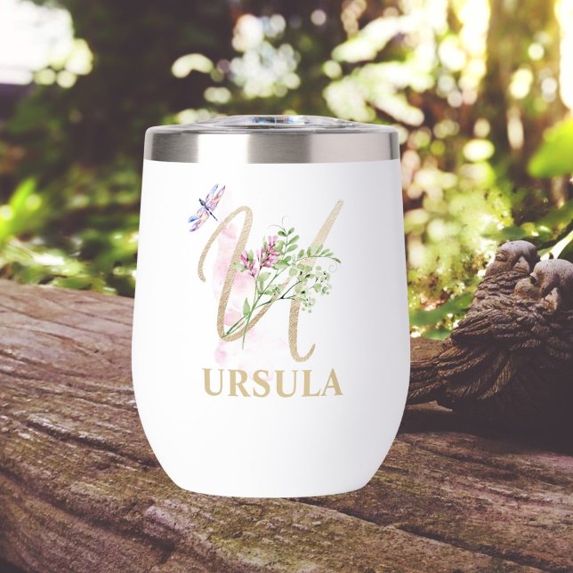 Gold Script Letter U Monogram Personalized Name Thermal Wine Tumbler (Creator Uploaded)