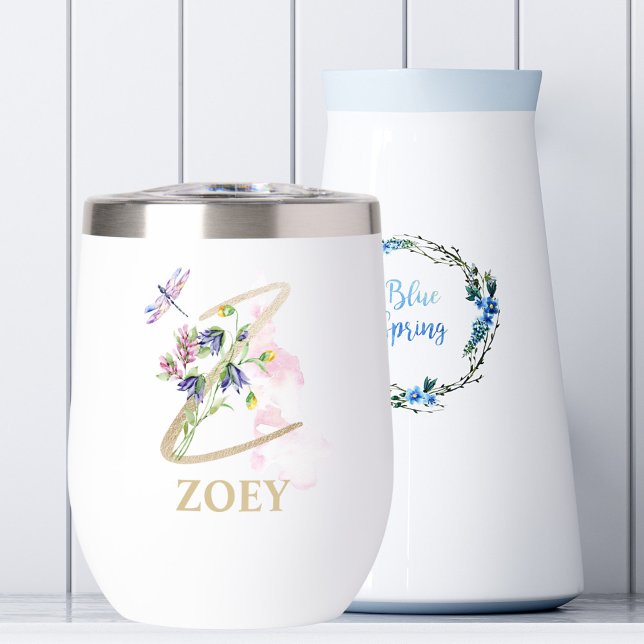 Gold Script Letter Z Monogram Personalized Name Thermal Wine Tumbler (Creator Uploaded)