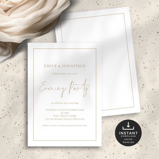 Gold Script Line Border wedding Evening Party Invitation (Front and back view)