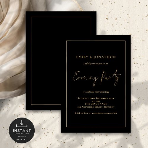 Gold Script Line wedding Black Evening Party Invitation