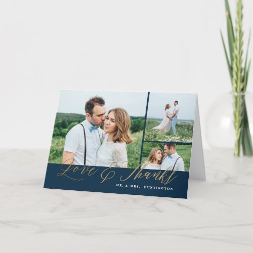 Gold Script Love and Thanks Photo Wedding Thank You Card