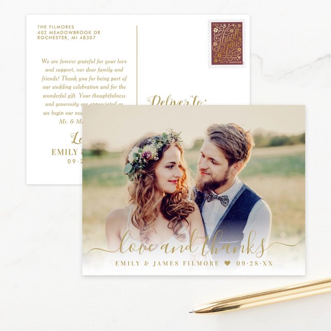 Gold Script Love and Thanks Wedding Photo Postcard (Creator Uploaded)