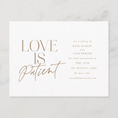 Gold Script Love Wedding Postponed Change the Date Postcard