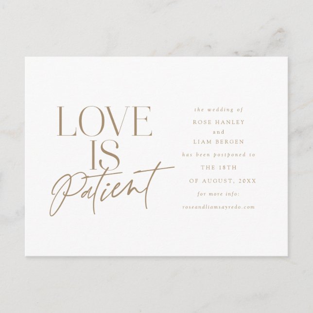 Gold Script Love Wedding Postponed Change the Date Postcard (Front)