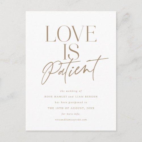 Gold Script Love Wedding Postponed Change the Date Postcard