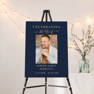 Gold Script Memorial Photo Funeral Blue Sign