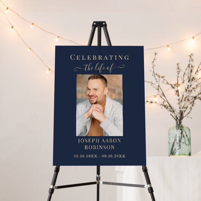 Gold Script Memorial Photo Funeral Blue Sign (In Situ (Stand))