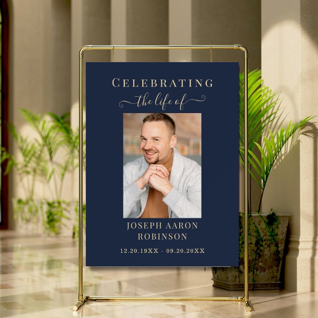 Gold Script Memorial Photo Funeral Blue Sign (Creator Uploaded)
