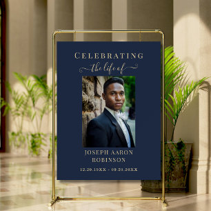 Gold Script Memorial Photo Funeral Blue Sign