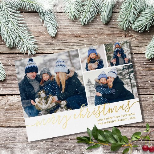 Gold Script Merry Christmas 4 Photo Gold Foil Holiday Card