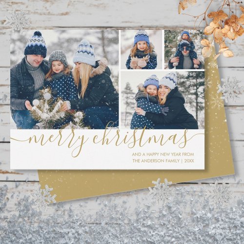 Gold Script Merry Christmas 4 Photo Holiday Card