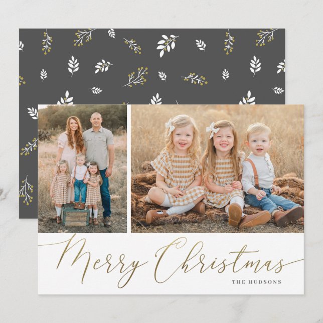 Gold Script Merry Christmas Elegant 2 Photo Holida Holiday Card (Front/Back)