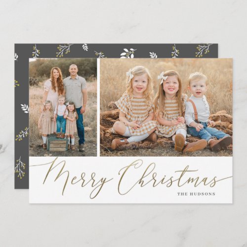 Gold Script Merry Christmas Elegant 2 Photo Holida Holiday Card