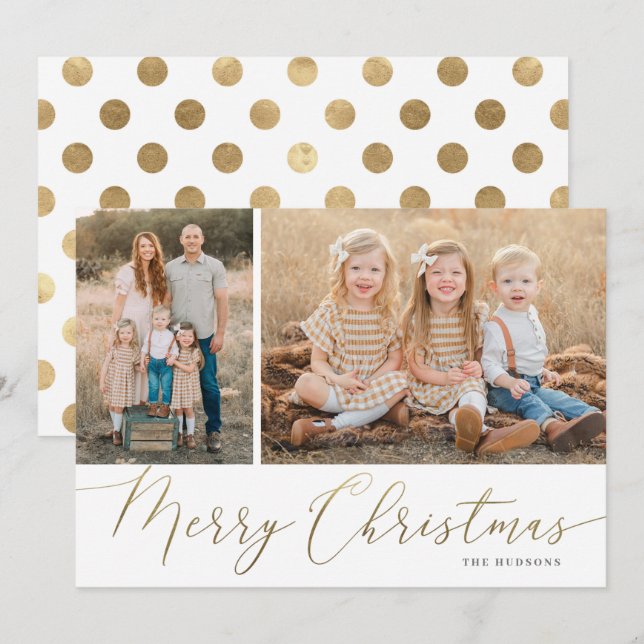 Gold Script Merry Christmas Elegant 2 Photo Holiday Card (Front/Back)