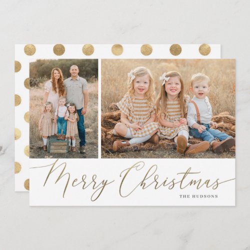 Gold Script Merry Christmas Elegant 2 Photo Holiday Card