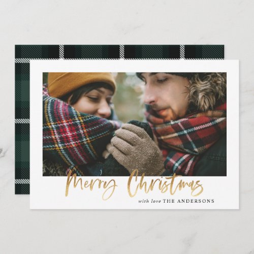 Gold script merry christmas green tartan photo holiday card