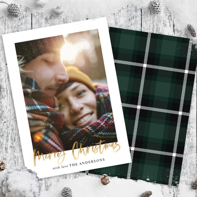 Gold script merry christmas green tartan photo holiday card (Creator Uploaded)