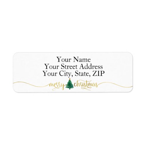Gold Script MERRY CHRISTMAS Green Watercolor Tree Label