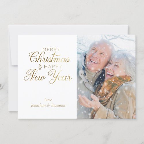 Gold Script Merry Christmas  Happy New Year Photo Holiday Card