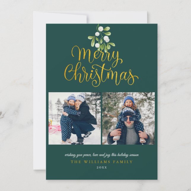 Gold Script Merry Christmas Mistletoe 3 Photo  Holiday Card (Front)