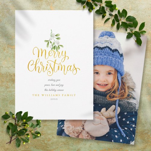 Gold Script Merry Christmas Mistletoe Photo Holiday Card