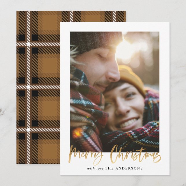 Gold script merry christmas mustard tartan photo holiday card (Front/Back)
