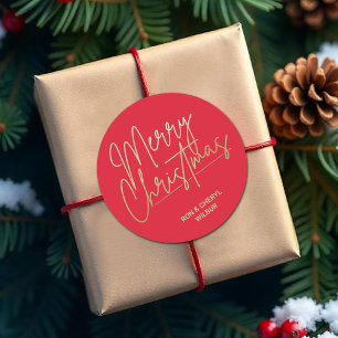 Gold Script Merry Christmas on Red Classic Round Sticker