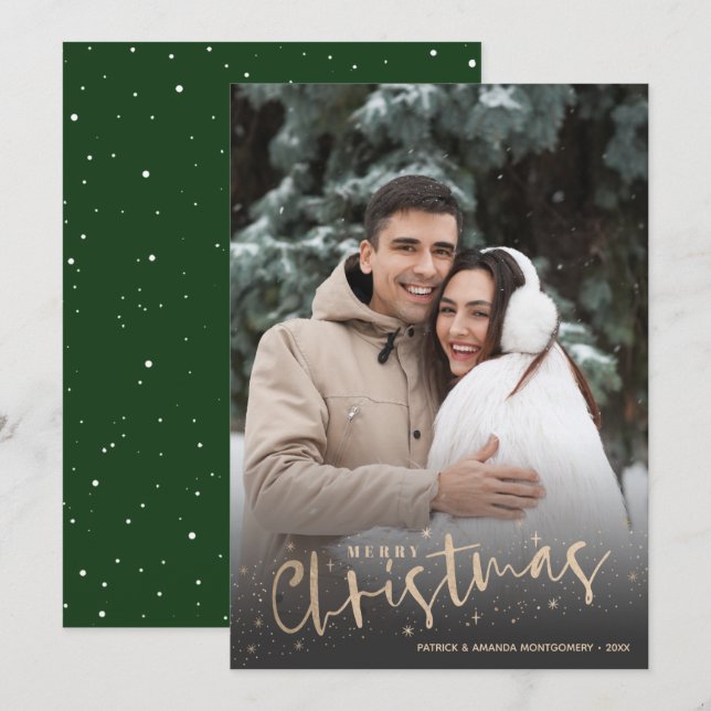Gold Script Merry Christmas Photo Holiday Card (Front/Back)