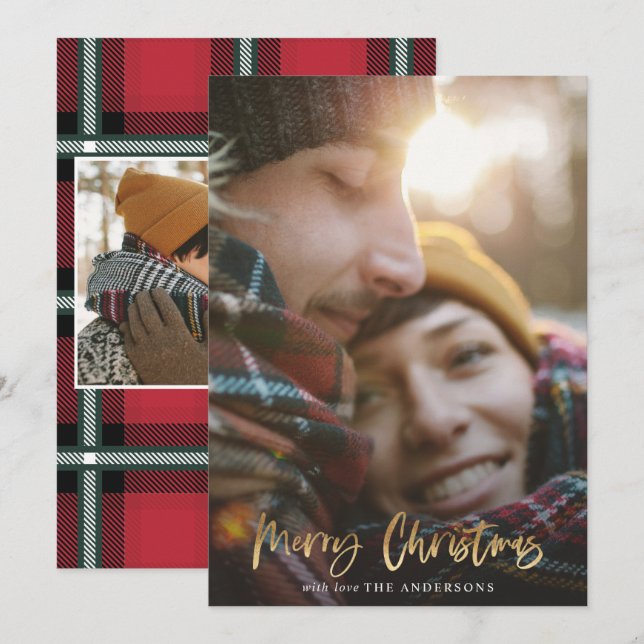 Gold script merry christmas red tartan 2 photo hol holiday card (Front/Back)