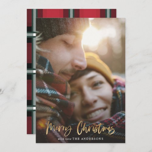 Gold script merry christmas red tartan 2 photo holiday card