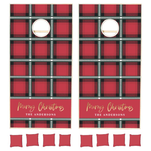 Gold script merry christmas red tartan holiday cornhole set (Set)